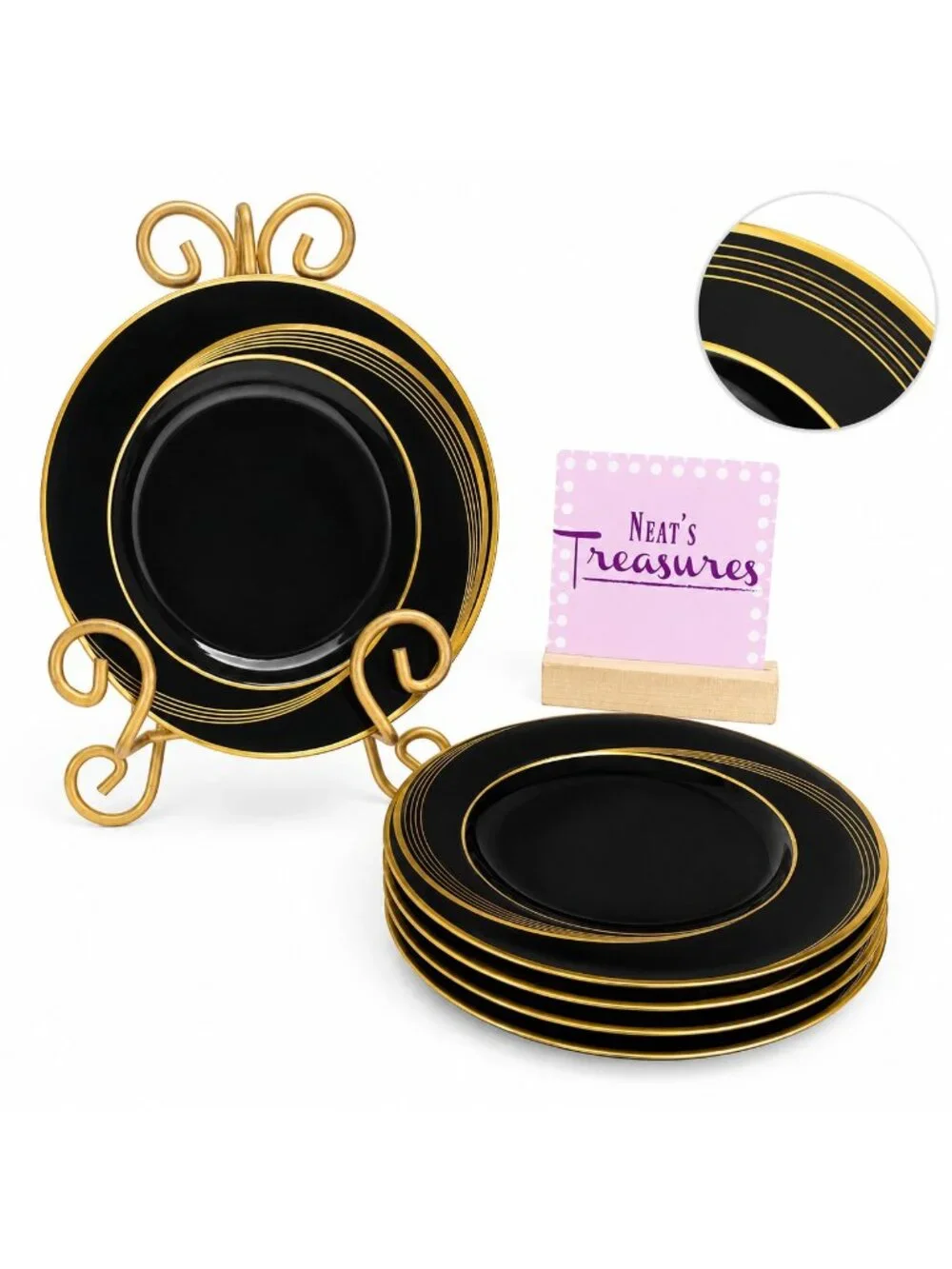 Nikko CITY LIGHTS Bone China Black Body Gold Swirl Inner Bread Side Plate Set 5